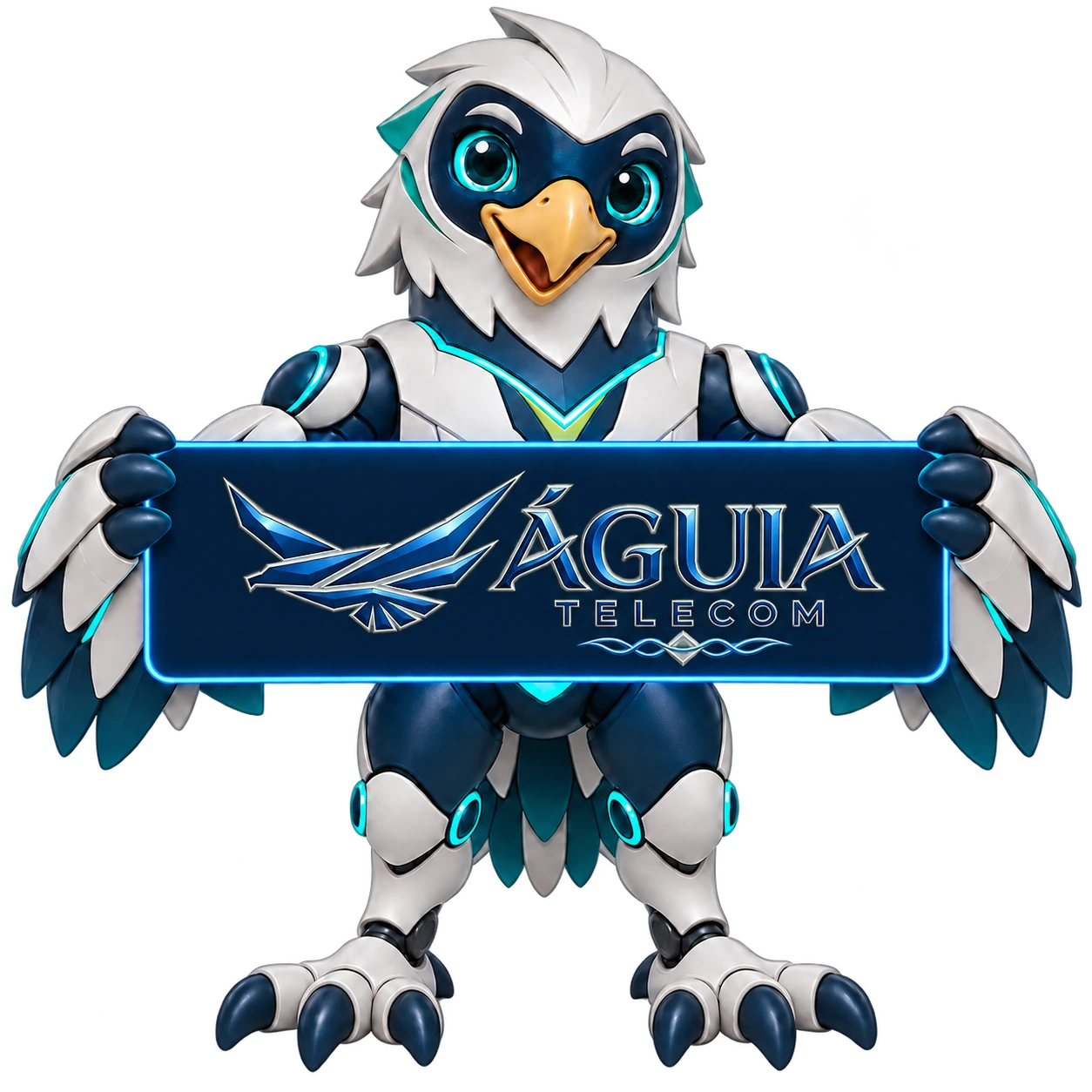 Auri segurando uma placa com a nova logo da Águia Telecom